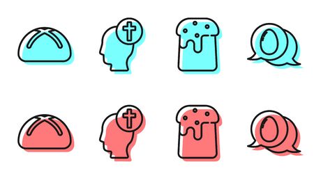 Set line Easter cake, Easter cake, Human head with christian cross and Speech bubble with easter egg icon. Vectorのイラスト素材