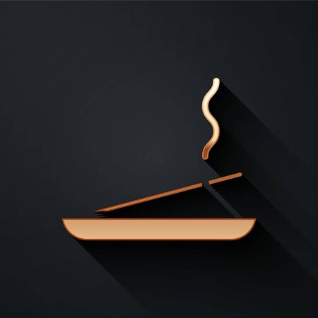 Gold Scented spa stick on a wooden stand icon isolated on black background. Incense stick. Cosmetic procedure aromatherapy. Long shadow style. Vector Illustrationのイラスト素材