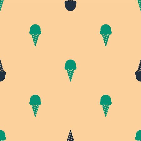 Green and black Ice cream in waffle cone icon isolated seamless pattern on beige background. Sweet symbol. Vector Illustrationのイラスト素材