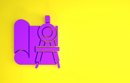 Purple Graphing paper for engineering and drawing compass icon isolated on yellow background. Minimalism concept. 3d illustration 3D renderの写真素材