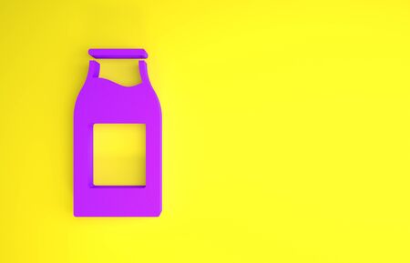 Purple Closed glass bottle with milk icon isolated on yellow background. Minimalism concept. 3d illustration 3D render.の写真素材