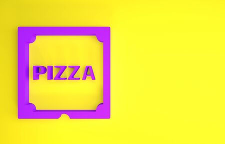Purple Pizza in cardboard box icon isolated on yellow background. Box with layout elements. Minimalism concept. 3d illustration 3D renderの写真素材
