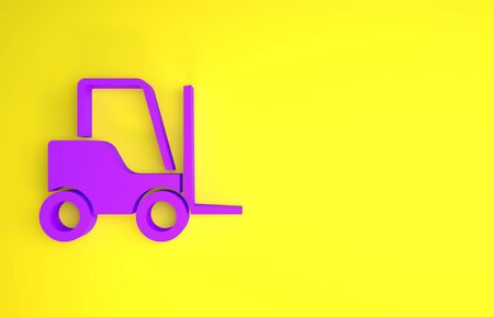 Purple Forklift truck icon isolated on yellow background. Fork loader and cardboard box. Cargo delivery, shipping, transportation. Minimalism concept. 3d illustration 3D renderの写真素材