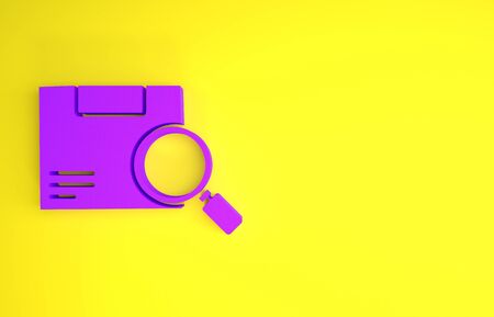 Purple Search package icon isolated on yellow background. Parcel tracking. Magnifying glass and cardboard box. Logistic and delivery. Minimalism concept. 3d illustration 3D renderの写真素材