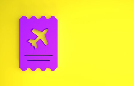 Purple Airline ticket icon isolated on yellow background. Plane ticket. Minimalism concept. 3d illustration 3D render.の写真素材