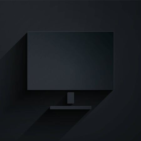 Paper cut Computer monitor screen icon isolated on black background. Electronic device. Front view. Paper art style. Vector Illustrationのイラスト素材