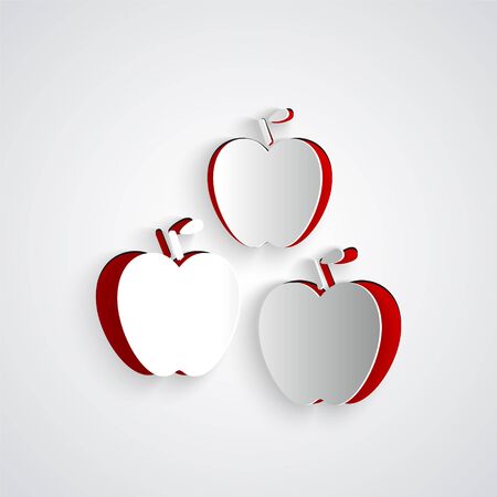 Paper cut Apple icon isolated on grey background. Fruit with leaf symbol. Paper art style. Vector Illustration.のイラスト素材