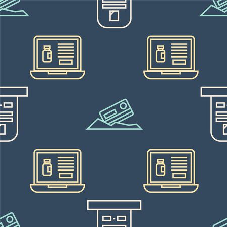 Set line Tombstone with RIP written, Buying drugs online on laptop and Cocaine and credit card on seamless pattern. Vectorのイラスト素材