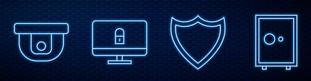 Set line Shield, Motion sensor, Lock on computer monitor and Safe. Glowing neon icon on brick wall....