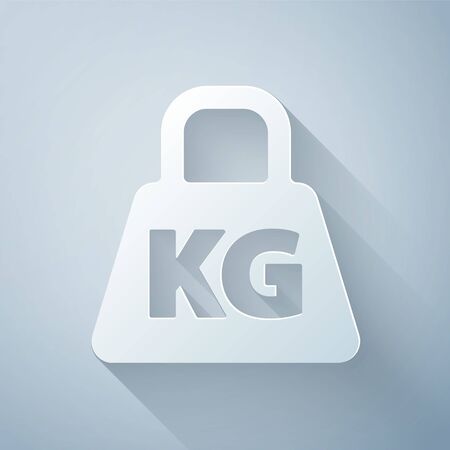 Paper cut Weight icon isolated on grey background. Kilogram weight block for weight lifting and scale. Mass symbol. Paper art style. Vector Illustration.のイラスト素材