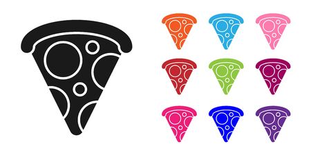 Black Slice of pizza icon isolated on white background. Fast food menu. Set icons colorful. Vector Illustration.のイラスト素材