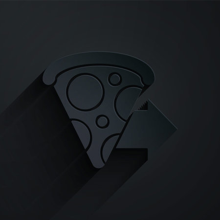 Paper cut Online ordering and fast pizza delivery icon isolated on black background. Paper art style. Vector Illustration.のイラスト素材