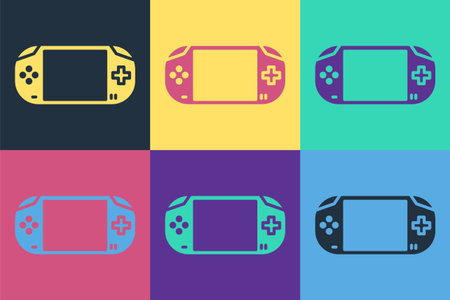 Pop art Portable video game console icon isolated on color background. Gamepad sign. Gaming concept....