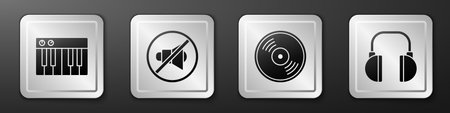 Set Music synthesizer, Speaker mute, Vinyl disk and Headphones icon. Silver square button. Vector.