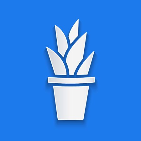 Paper cut Plant in pot icon isolated on blue background. Plant growing in a pot. Potted plant sign. Paper art style. Vector Illustration.のイラスト素材