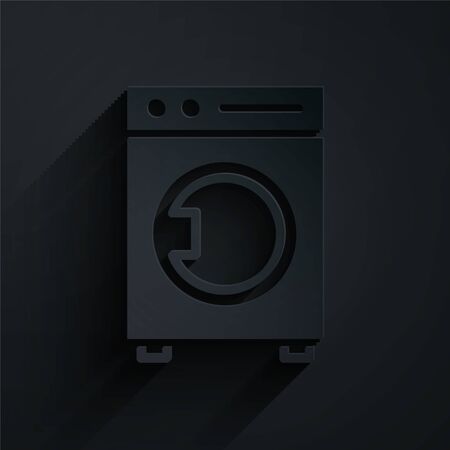 Paper cut Washer icon isolated on black background. Washing machine icon. Clothes washer - laundry machine. Home appliance symbol. Paper art style. Vector Illustration.のイラスト素材
