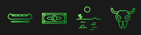 Set line Desert landscape with cactus, Kayak or canoe and paddle, Stacks paper money cash and...