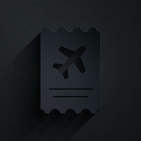 Paper cut Airline ticket icon isolated on black background. Plane ticket. Paper art style. Vector Illustration.のイラスト素材