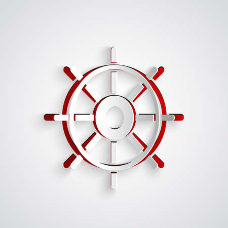 Paper cut Ship steering wheel icon isolated on grey background. Paper art style. Vector Illustration.のイラスト素材