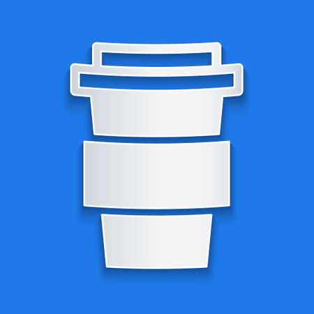Paper cut Coffee cup to go icon isolated on blue background. Paper art style. Vector Illustration.のイラスト素材