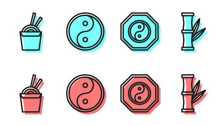 Set line Yin Yang, Asian noodles in paper box and chopsticks, Yin Yang and Bamboo icon. Vector.のイラスト素材