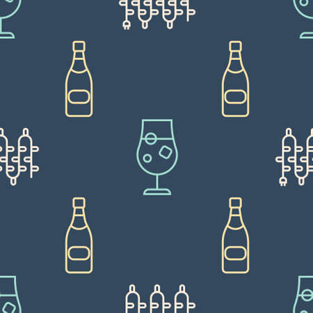 Set line Christmas lights, Champagne bottle and Cocktail and alcohol drink on seamless pattern. Vector.のイラスト素材