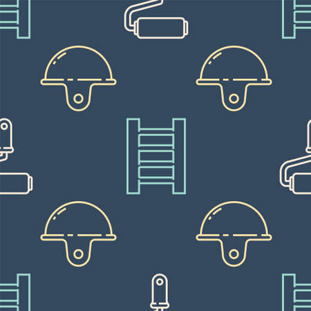 Set line Paint roller brush, Worker safety helmet and Wooden staircase on seamless pattern. Vector.のイラスト素材