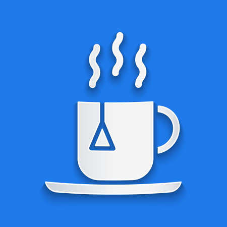 Paper cut Cup of tea with tea bag icon isolated on blue background. Paper art style. Vector Illustrationのイラスト素材