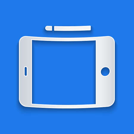 Paper cut Graphic tablet icon isolated on blue background. Paper art style. Vector Illustration.のイラスト素材