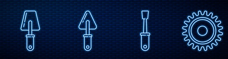 Set line Screwdriver, Trowel, Trowel and Circular saw blade. Glowing neon icon on brick wall. Vector