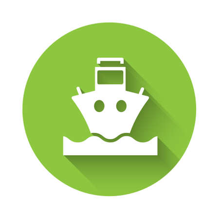 White Cargo ship icon isolated with long shadow. Green circle button. Vector.のイラスト素材