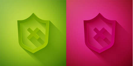 Paper cut Shield with cross mark icon isolated on green and pink background. Shield and rejected. Notice of refusal. Paper art style. Vector.のイラスト素材