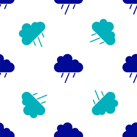 Blue Cloud with rain icon isolated seamless pattern on white background. Rain cloud precipitation...