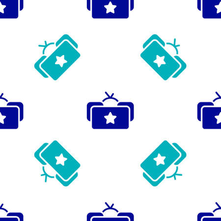 Blue Ushanka icon isolated seamless pattern on white background. Russian fur winter hat ushanka with star. Soviet Union uniform of KGB and NKVD. Vector.のイラスト素材