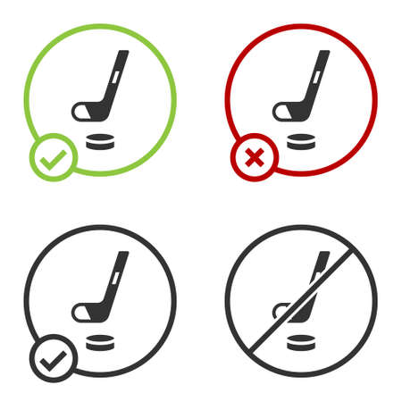 Black Ice hockey stick and puck icon isolated on white background. Circle button. Vector.のイラスト素材