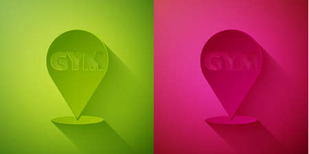 Paper cut Location gym icon isolated on green and pink background. Paper art style. Vector.のイラスト素材