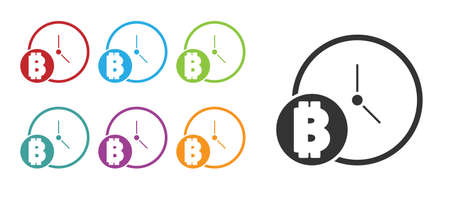 Black Cryptocurrency coin Bitcoin with clock icon isolated on white background. Physical bit coin. Blockchain based secure crypto currency. Set icons colorful. Vector.のイラスト素材