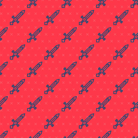 Blue line Medieval sword icon isolated seamless pattern on red background. Medieval weapon. Vector.のイラスト素材