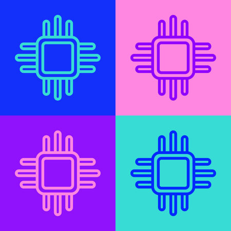 Pop art line Computer processor with microcircuits CPU icon isolated on color background. Chip or...
