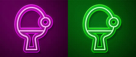 Glowing neon line Racket for playing table tennis icon isolated on purple and green background. Vector.のイラスト素材