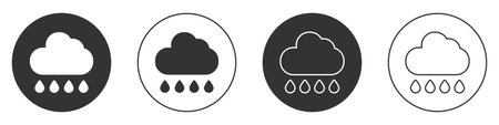 Black Cloud with rain icon isolated on white background. Rain cloud precipitation with rain drops. Circle button. Vector.のイラスト素材