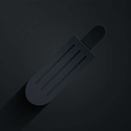 Paper cut French hot dog icon isolated on black background. Sausage icon. Fast food sign. Paper art style. Vector Illustration.のイラスト素材