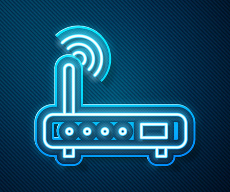 Glowing neon line Router and wifi signal icon isolated on blue background. Wireless internet modem router. Computer technology internet.  Vector Illustration.のイラスト素材