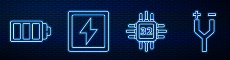 Set line Processor with microcircuits CPU, Battery charge level indicator, Lightning bolt and Electric cable. Glowing neon icon on brick wall. Vector.のイラスト素材