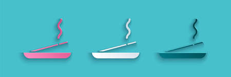 Paper cut Scented spa stick on a wooden stand icon isolated on blue background. Incense stick. Cosmetic procedure aromatherapy. Paper art style. Vector Illustration.のイラスト素材