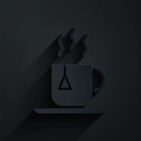 Paper cut Cup of tea with tea bag icon isolated on black background. Paper art style. Vector Illustration.のイラスト素材