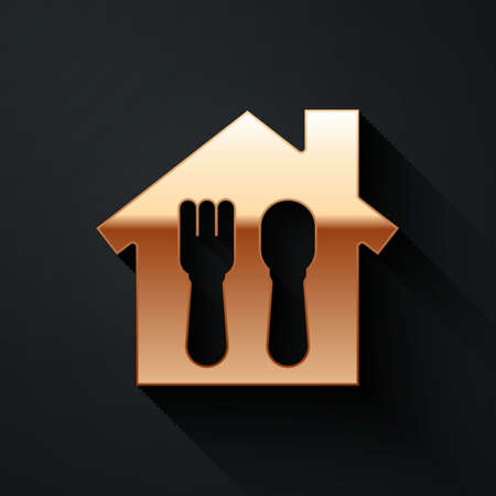 Gold Online ordering and fast food delivery icon isolated on black background. Long shadow style. Vector Illustration.のイラスト素材