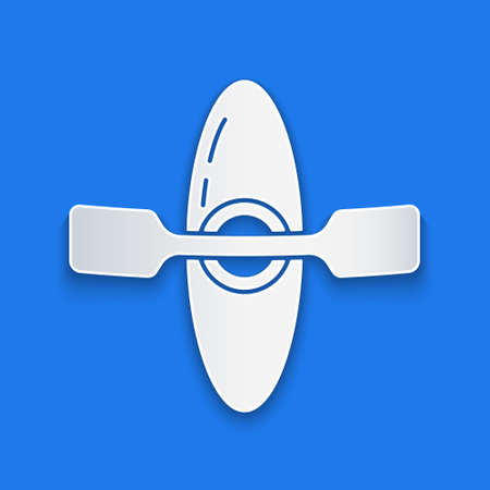 Paper cut Kayak and paddle icon isolated on blue background. Kayak and canoe for fishing and tourism. Outdoor activities. Paper art style. Vector Illustration.のイラスト素材
