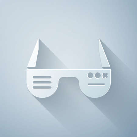 Paper cut Smart glasses mounted on spectacles icon isolated on grey background. Wearable electronics smart glasses with camera and display. Paper art style. Vector Illustration.のイラスト素材