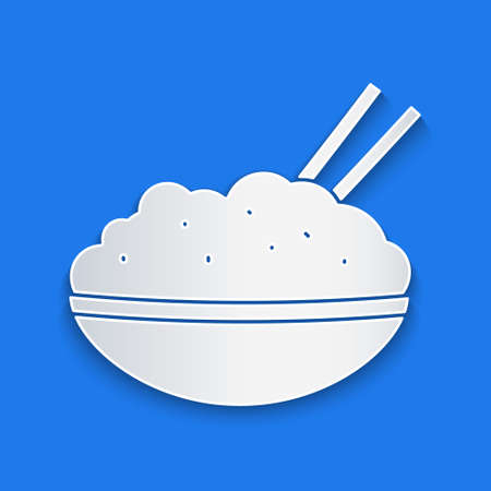 Paper cut Rice in a bowl with chopstick icon isolated on blue background. Traditional Asian food. Paper art style. Vector Illustration.のイラスト素材